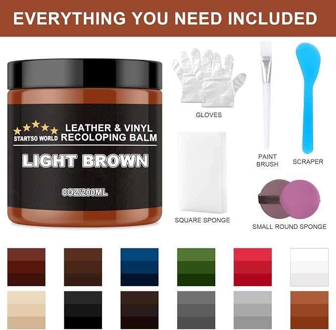 STARTSO WORLD Light Brown Leather Recoloring Balm, Leather Repair Kit for Furniture, Couches & Car Seats, Leather Paint, Leather Color Restorer, Leather Scratch Remover