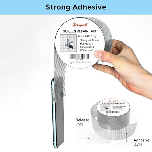 Secopad Grey Window Screen Repair Tape, 3IN X 20FT (240IN) Screen Repair Kit for Windows or Doors, Strong Adhesive Patch Kit Fiberglass Mesh Tape