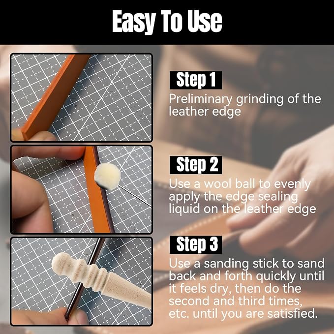Leather Edge Sealer, Leather Burnishing Gum, Anti Fraying Black Leather Edge Paint with Burnisher & Wool Ball Brush, Get Smooth and Glossy Edge Finish for Wallets Bags Shoes Leather Products, 100ml