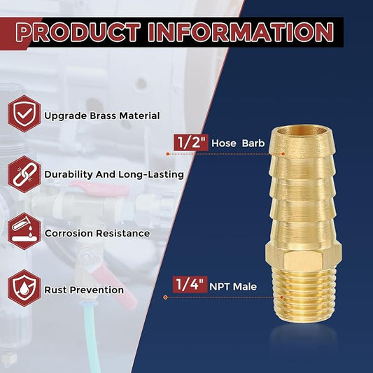 Pack of 8 Brass Hose Barb Fittings Adapter Connector 1/2" Hose Barb to 1/4" NPT Male Fittings for Home Machines, Massage Bathtubs, and Irrigation Systems