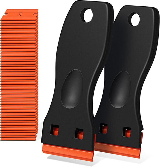 Plastic Razor Blade Scraper, 2 Pack Razor Scraper with 120 Pcs Razor Blades for Removing Glue, Sticker, Decals, Tint from Car Window and Glass（Black）