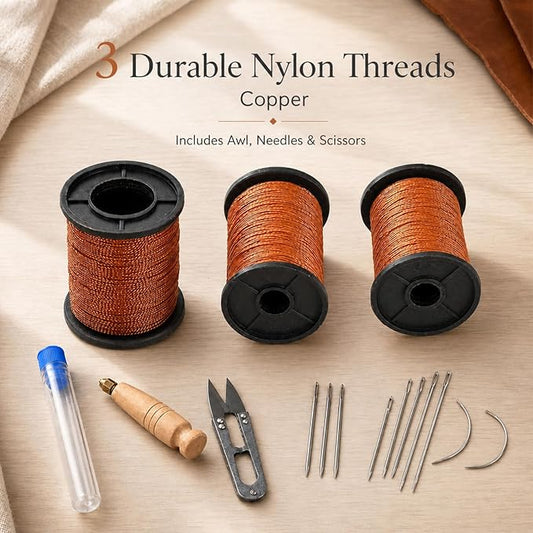 16Pcs Upholstery Repair Sewing Thread Kit,Leather Working Sewing Kit,Includs Sewing Awls & Scissors & Duty Household Hand Needles & Nylon Thread for Repairing Leather Shoes Furniture (Brown)