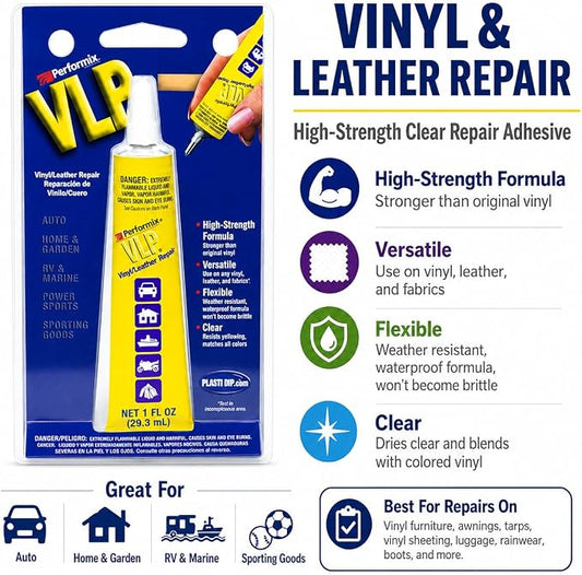 Plasti Dip VLP Vinyl & Leather Repair Adhesive, 1 fl oz, Clear High-Strength Air-Dry Formula for Vinyl Furniture, Leather, Awnings, Tarps, Luggage, Rainwear, Boots & Flexible Material Repairs