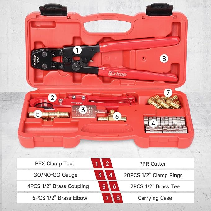 iCrimp PEX Pipe Clamp Crimping Tool Kit, Cinch Crimper Tool for Stainless Steel Clamps from 3/8-inch to 1-inch with 1/2-inch 20pcs SS PEX Clamps and 12pcs 1/2-inch Pex Fittings