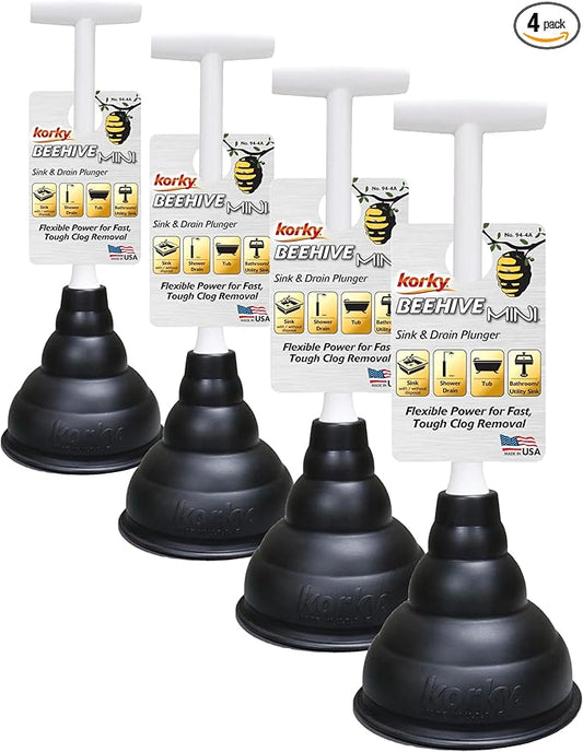 Korky Beehive Mini Sink and Drain Plunger - Works for Bathrooms, Kitchens, Sinks, Baths and Showers - Strong Suction Power for Easy Clog Removal (Pack of 4)