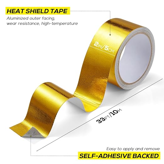 Aluminum Foil Tape, 2in x 33FT Fiberglass Heat Shield Tape, Golden Self-Adhesive Heat ReflectiveTape, Exhaust Heat Resistant Tape, for Hose and Auto Use