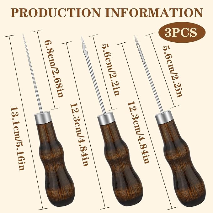 ZXIIXZ 3 Pcs Sewing Awl, Leather Scratch Hollow Hook Awl Tool Kit, Awl Tool Sewing Supplies with Gourd Shape Wooden Handle for DIY Leather Sewing Stitching Bookbinding Punching Repairing Craft