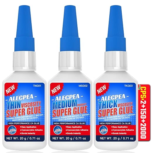 2/150/2000 CPS (Thin/Medium/Thick) CA Glue, Cyanoacrylate Super Glue Wood, Glass, Metal, Paper, Leather, Plastic, Ceramic, Rubber, Jewelry, Woodworking, Hobby Models, and Craft Project 60g(2oz)