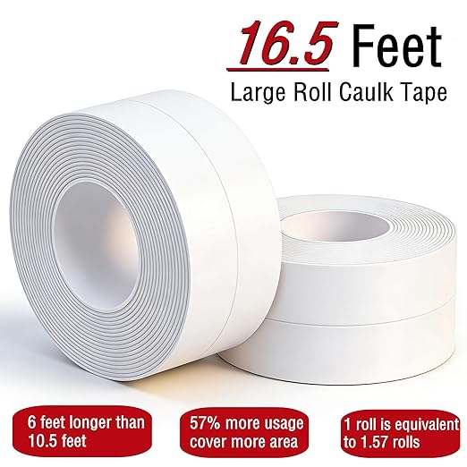 Caulk Tape Waterproof Self Adhesive 1.5" x16.4ft 2 Rolls White Toilet Caulk Sealant Tape, Shower Sealing Strip for Kitchen, Bathroom, Sink, Bathtub Toilet Edge Protector.