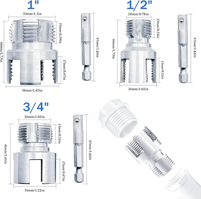 3PCS 1/2" 3/4" 1" PVC Pipe Threader, Internal & External Pipe Thread Cutting Tool, 4 in 1 Water Pipe Wrench, Plastic Pipe Threading Tool for Electric Drill Compatible Repair Plumbing Projects DIY Home