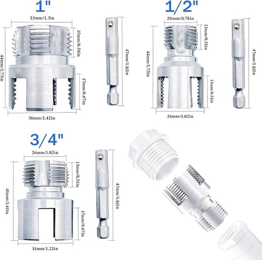 3PCS 1/2" 3/4" 1" PVC Pipe Threader, Internal & External Pipe Thread Cutting Tool, 4 in 1 Water Pipe Wrench, Plastic Pipe Threading Tool for Electric Drill Compatible Repair Plumbing Projects DIY Home