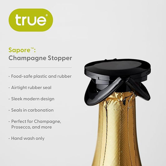 True Sapore Champagne Stoppers for Bottles, Sparkling Wine Stopper, Wine Accessories Kitchen Accessory, Black Set of 1