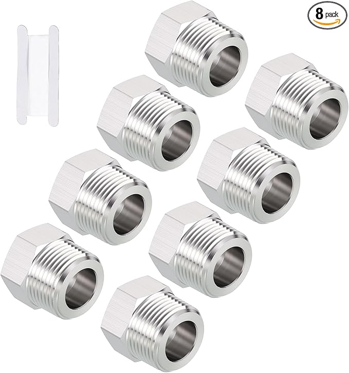 Pack of 8, 3/4" Male NPT to 1/2" FeMale NPT Solid 304 Stainless Steel Hex Bushing with Sealing Tape, Hose Fittings Adapter Reducer for Bathroom Remodel, Tool Extensions