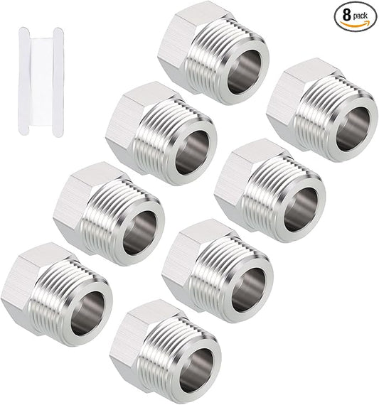 Pack of 8, 3/4" Male NPT to 1/2" FeMale NPT Solid 304 Stainless Steel Hex Bushing with Sealing Tape, Hose Fittings Adapter Reducer for Bathroom Remodel, Tool Extensions