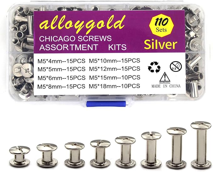 110 Sets 8 Sizes Chicago Screws Assorted Kit Round Head Stud Leather Screws Chicago Rivets for DIY Leather Decoration Bookbinding (M5*4,5,6,8,10,12,15,18)（Silver）