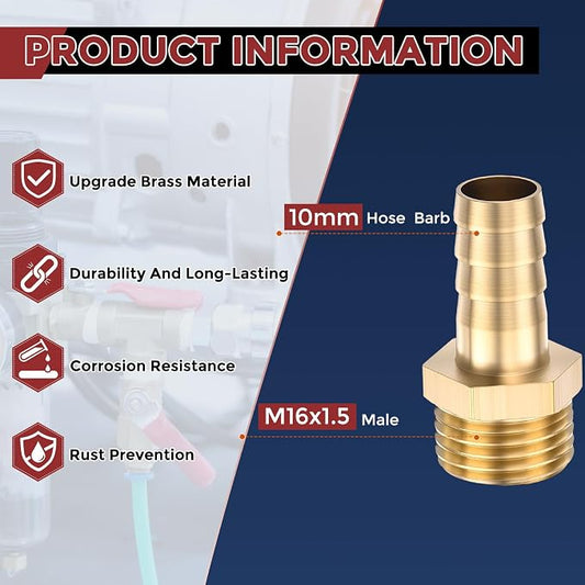 Pack of 4 Brass Hose Barb Fittings Adapter Connector 10mm Hose Barb to M16x1.5 Male Fittings for Home Machines, Massage Bathtubs, and Irrigation Systems