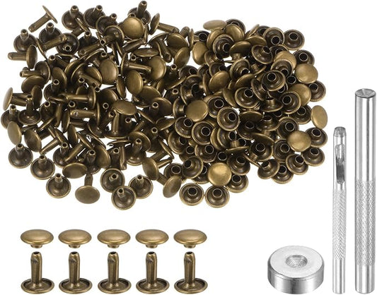 HARFINGTON 100 Sets Leather Rivets 10 x 9mm Metal Double Cap Rivet Snaps Studs Fasteners with 3pcs Setting Tools Rivets for Leather Craft DIY Repair Decoration, Bronze