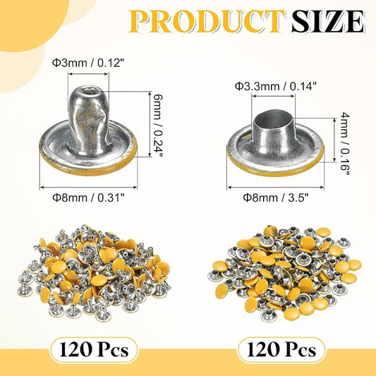 uxcell 120 Sets Leather Rivets, 8mm Double Cap Rivets, 6mm Height Tubular Metal Studs for Leather Craft Repair and Decoration DIY Clothes, Shoes, Bags, Belts, Yellow