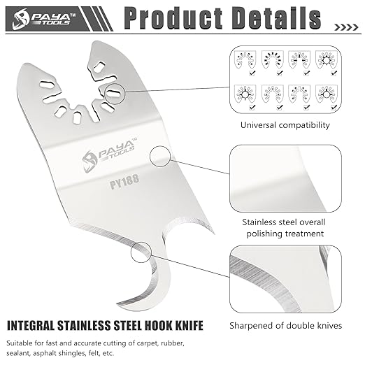Multitool Saw Blades, Oscillating Multi Tool Hook Knife Blade for Cutting Roofing Shingles, PVC Carpet,Cardboard and Other Soft Materials (5-Pack)