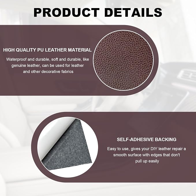 2 PCS Leather Repair Patch Tape, 4 x 8 Inch PU Vinyl Repair Patches for Car Upholstery Seat, Waterproof Self Adhesive Leather Tape Repair Kit for Furniture Couches Chairs (Dark Brown)