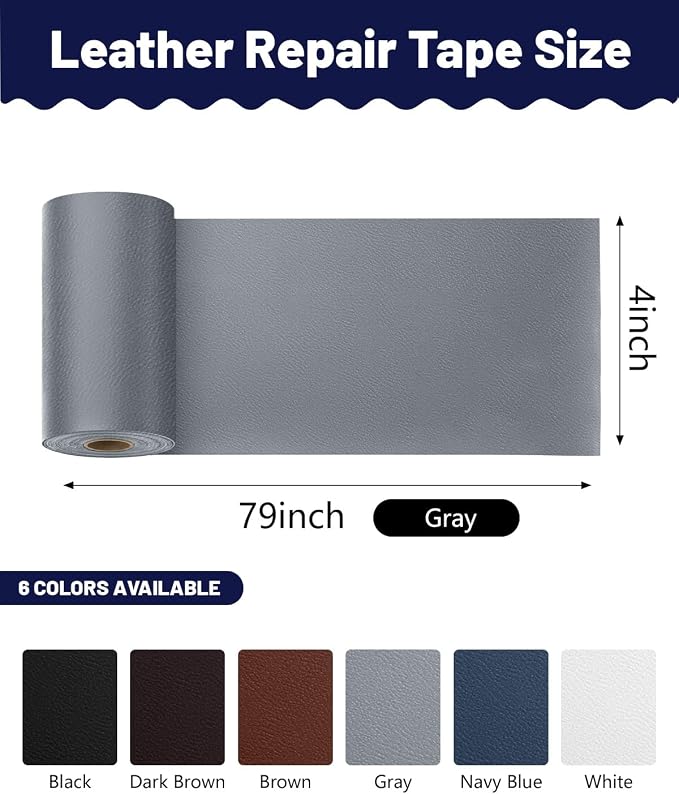 BOUYEER Leather Repair Patch Tape Kit,Self Adhesive Leather Repair for Sofa，Car Seat,Office Chair,Furniture,Jacket,Waterproof Strong Adhesive Vinyl Repair Kit. 4 in x 79 in,Fine Grained Gray