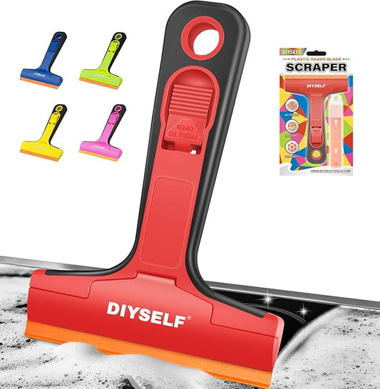DIYSELF Plastic Razor Blade Scraper, 1 Pack Plastic Scraper Tool with 5 Pcs 4-Inch Plastic Razor Blades, Sticker Remover Tool and Decal Remover for Glass, Window, Labels, Adhesive, Cooktop, Tile