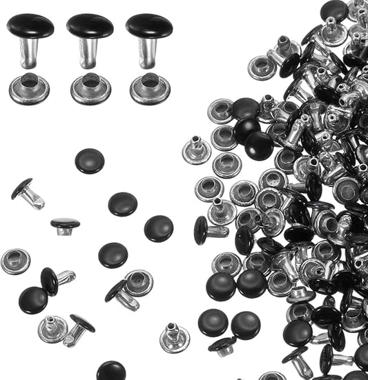 HARFINGTON 100 Sets Double Cap Leather Rivets, 6x6mm Round Cap Tubular Metal Studs Leather Crafting Rivets for Fabric Belt Pet Collar Boot Bag Repair and Decoration, Black