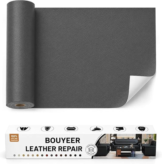 BOUYEER Leather Repair Patch Tape Kit,Self Adhesive Leather Repair for Sofa，Car Seat,Office Chair,Furniture,Jacket,Waterproof Strong Adhesive Vinyl Repair Kit. 17 in x 79 in,Dark Grey