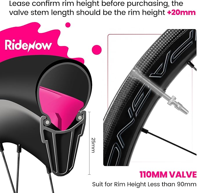 RideNow Tubeless Presta Valve Stems, 65mm Super Light Alloy Presta Tubeless Valve Stem Kit with Valve Core Remover Tool and Valve Stem Caps, Multiple Color and Size Options(Pair),Black