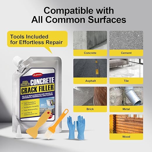 Self-Leveling Concrete Crack Filler – High Elasticity Waterproof Cement Sealant, 70.6oz Fast-Drying DIY Outdoor Concrete Joint Repair Seal Glue for Driveway, Sidewalk, Patio, Garage Floor - 4Pack Gray