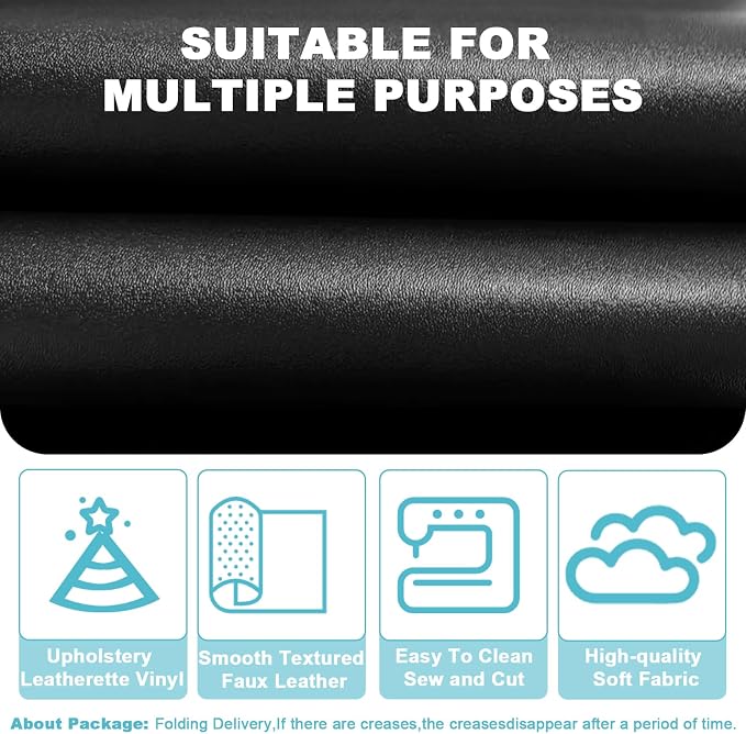 Black Smooth Faux Leather Fabric 39"x54" - Waterproof Durable Solid Color Vinyl for Motorcycle Seats, Sofa & Furniture DIY Repair