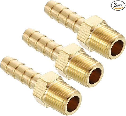 Pack of 3 Brass Hose Barbed Fittings Adapter Connector 1/4" Hose Barb to 1/8" NPT Male Fittings for Home Machines, Massage Bathtubs, and Irrigation Systems