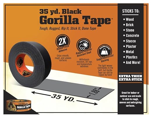 Gorilla Duct Tape, Black Tape, 1.88" x 35 yd, Heavy Duty and Weather Resistant for Indoor or Outdoor, (Pack of 12)