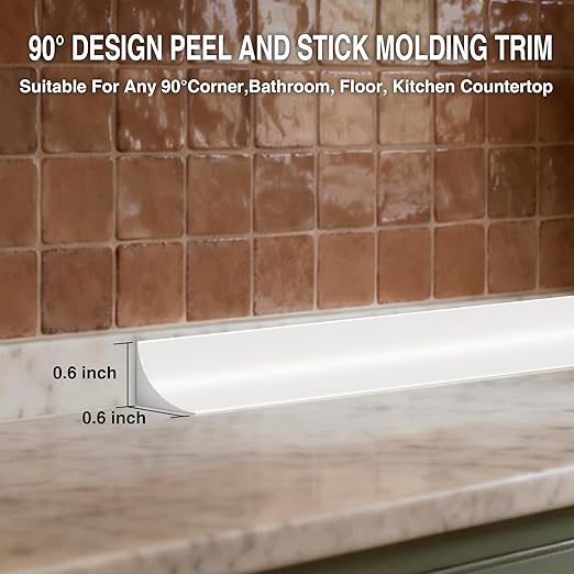 118 Inch Peel and Stick Quarter Round Molding Trim,Bathtub Trim Molding,Sink Gap Filler,Silicone Rubber Kitchen Water Splash 118 InchGuard,White L Shaped Wall Corner/Baseboard Trim Cover Protector