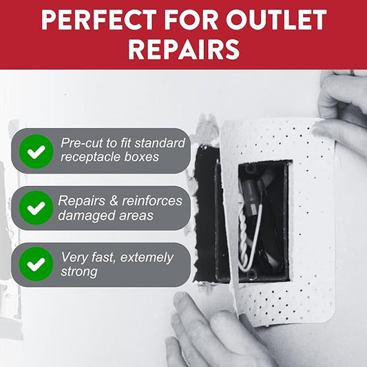 Strait-Flex Drywall Patch – Outlet-Patch for Electrical Box Repairs –Pre-Cut Drywall Repair Solution for Mis-Cuts and Damage Around Receptacles – Fast, Strong, Sandable – Fits Standard Boxes – 10 Pack