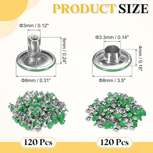 uxcell 120 Sets Leather Rivets, 8mm Double Cap Rivets, 6mm Height Tubular Metal Studs for Leather Craft Repair and Decoration DIY Clothes, Shoes, Bags, Belts, Green