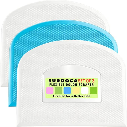 SURDOCA Dough Scraper Bench Scraper - 3P 14.2x8.5" Plastic Flexible Bowl Scraper, Sharp Edge & Angles Cake Scraper. Non-Slip Bakeware Decorating Tools Sculpting & Modeling Tools - White+Blue+White