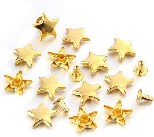 100 Sets 12MM Gold Star Rivets for Leather Star Rivet Studs Garment Rivets Leather Rivets Studs and Spikes for Leather Craft Clothing Bags Belts Dog Collar Shoes DIY Rivets 15/32 Inch