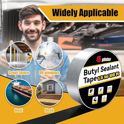 Bghdas - 1 Pack Butyl Sealant Tape 1 1/2" X 60' - Double Sided - Black Vapor Barrier Butyl Tape for Wall of Crawl Space, Rv Windows, Deck Boat, Crawlspace (Waterproof, Weatherproof)