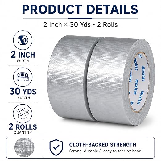 Silver Duct Tape Heavy Duty, 2 Rolls, 2 Inch x 30 Yds Each, PE Coated Cloth Tape, Easy Tear by Hand, Water-Resistant Surface for Repairs, Packaging, Bundling, Garage and Workshop