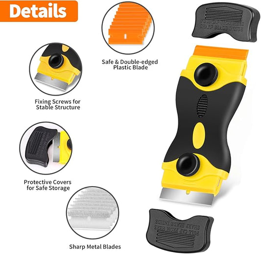 Plastic Razor Blade Scraper Double Sided - Scraper Tool With 40pcs Metal & Plastic Razor Blades, Vinyl, Paint, Sticker Removal Tool For Cleaning Car, Window, Glass, Wood, Non Scratch