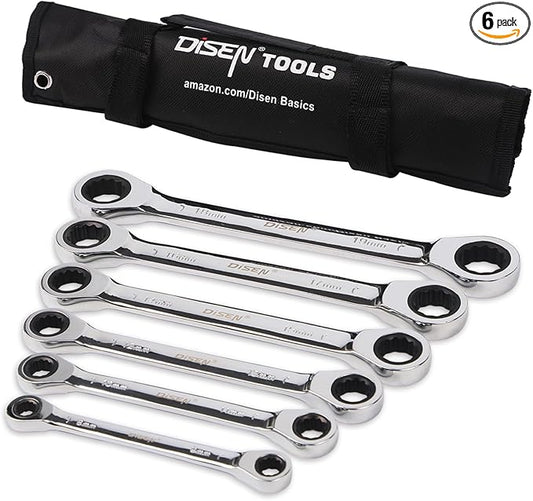 DISEN Double Box End Ratcheting Wrench Set Metric 6-Piece, 8mm-19mm, 72-Tooth Ratchet Wrench Box End with Rolling Pouch, Chrome Vanadium Steel