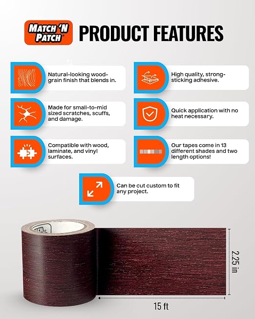 MATCH 'N PATCH Wood Grain Repair Tape - Dark Cherry, 2.25 in x 15 ft (1-Pack) – Wood Grain Colored Duct Tape for Mirror Frame, Trim, Borders, Floor and Other Furniture, Scratch Repair Kit