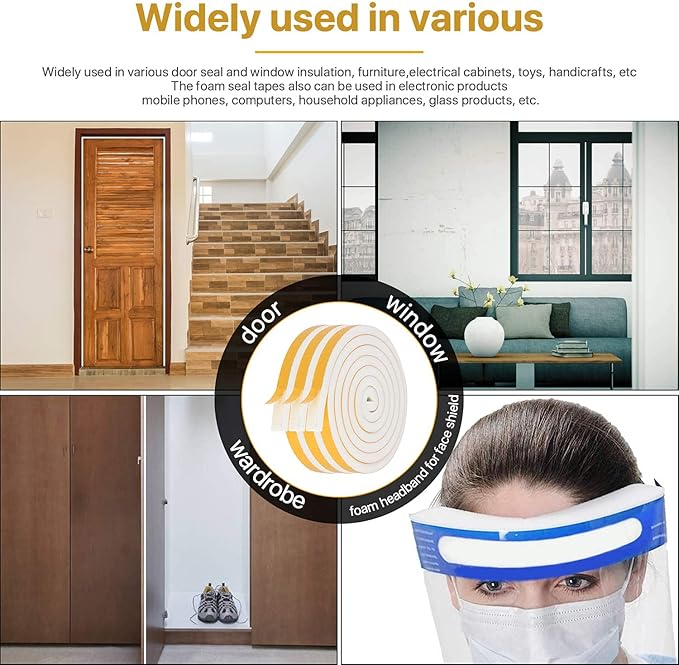 Weather Stripping Door Seal-3 Rolls, 1/4 Inch Wide X 1/4 Inch Thick Total 20 Feet Long, Foam Seal Tape for Window Insulation(6.5ft x 3 Rolls)