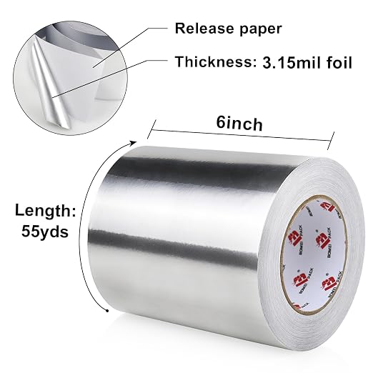BOMEI PACK Aluminum Foil Tape,Heavy Duty Metal Duct Tape,High Temperature Silver Tape,Perfect for Sealing & Patching,HVAC,Air Ducts,Insulation and Metal Repair (6 Inch x 55 Yards)
