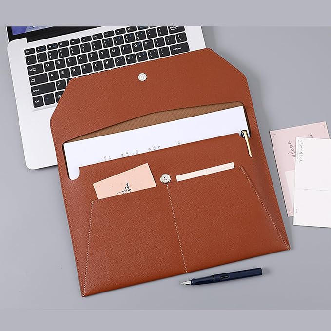 PU Leather A4 File Folder Document Holder with 3 Pockets Waterproof Stylish Envelope Folder Case with Snap Closure (Brown)
