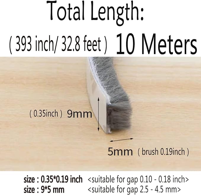 Weather Stripping Brush for Sliding Windows/Doors Frame Side,Pile Self Adhesive Weatherstrip Seal Strip Sealer Draft Stoppers (33ft x11/32 Backing x 3/16 Brush inch, Grey)