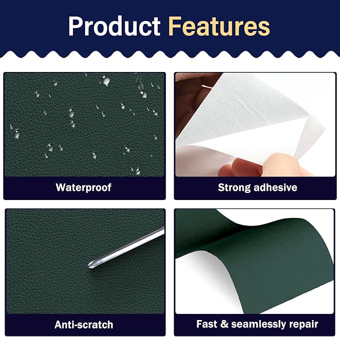 Zenyao Leather Repair Patch Tape - Self Adhesive Leather Repair Kit for Car Seat Furniture, Heavy Duty Vinyl Repair Patch for Couch Sofa, Waterproof Fix for Tears, 3x60 Inch Roll, Dark Green