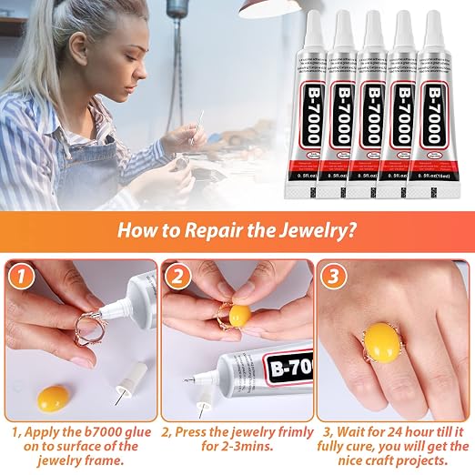 B7000 Clear Adhesive with Precision Tips, 5 PCS B-7000 Jewelry Bead Glue for Diamond Rhinestone Applicator Tools Set - Strength Adhesive for Nail Art DIY Crafts Clothes Shoes Bags
