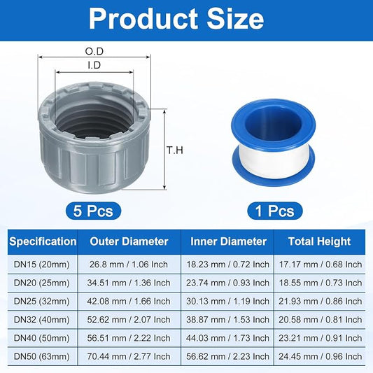 uxcell 5Pcs 1/2 Inch PT Female Thread PVC Pipe Fitting Cap, Cleanout Water Drain End Caps, Pipe Plug Socket Fittings with Tape for Water Heater Supply Lines, Plumbing, Gray